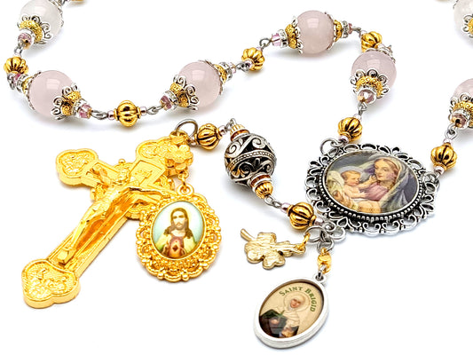 Virgin and Child unique rosary beads single decade rosary with rose quartz gemstone beads with Saint Brigid medal.