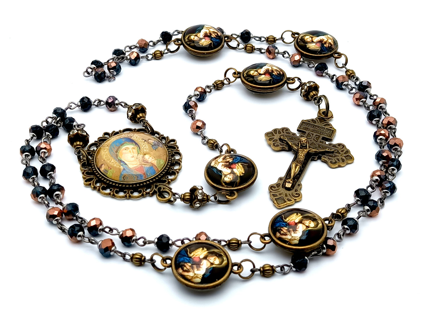 Our Lady of Perpetual Help unique rosary beads with vintage style glass beads, Our Lady of Divine Providence linking medals and brass pardon crucifix.