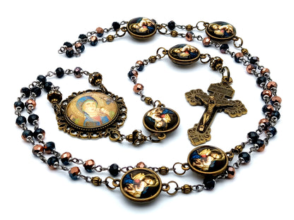 Our Lady of Perpetual Help unique rosary beads with vintage style glass beads, Our Lady of Divine Providence linking medals and brass pardon crucifix.