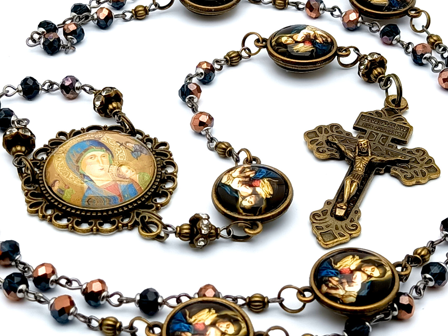 Our Lady of Perpetual Help unique rosary beads with vintage style glass beads, Our Lady of Divine Providence linking medals and brass pardon crucifix.