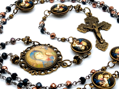 Our Lady of Perpetual Help unique rosary beads with vintage style glass beads, Our Lady of Divine Providence linking medals and brass pardon crucifix.