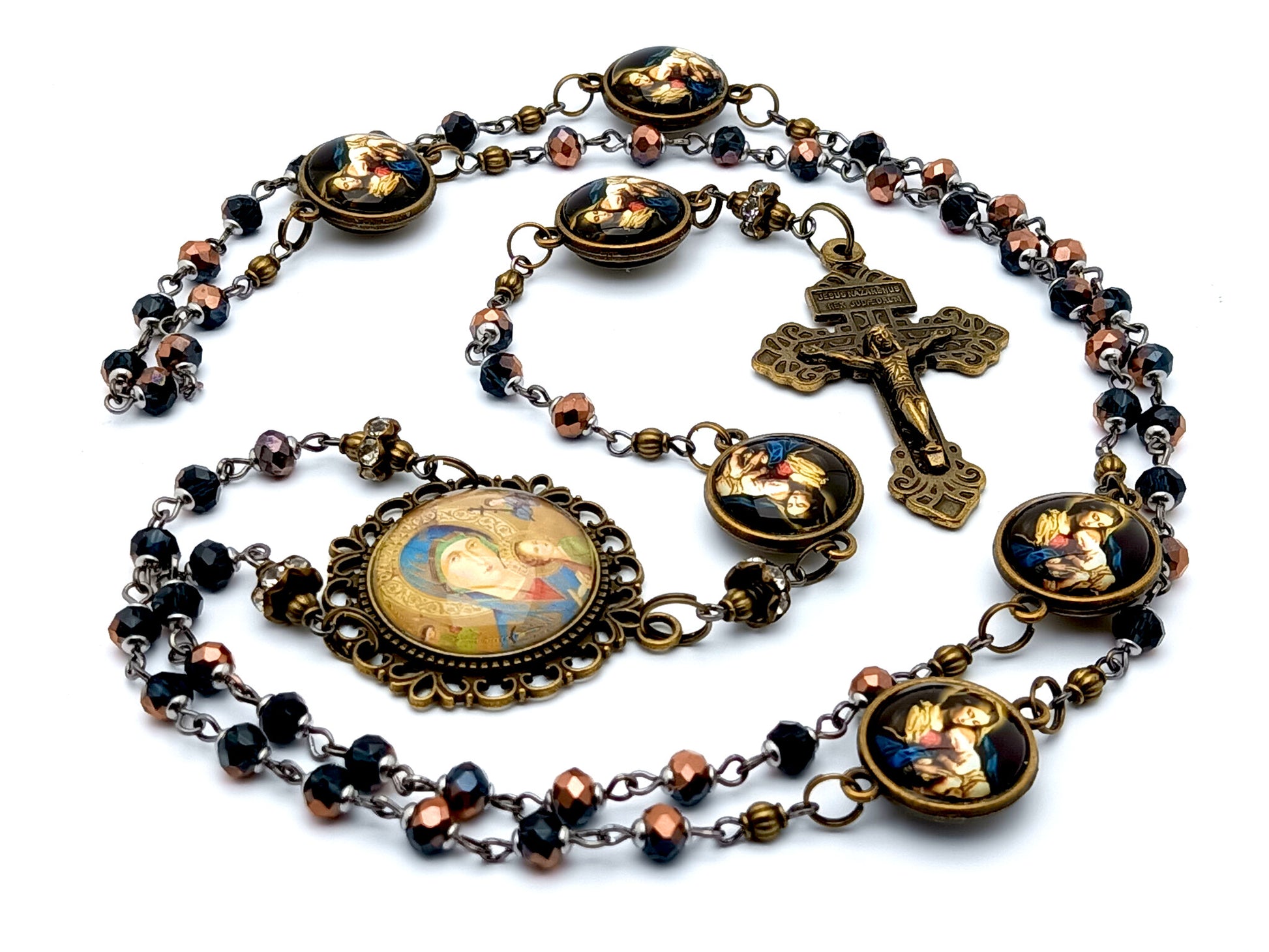 Our Lady of Perpetual Help unique rosary beads with vintage style glass beads, Our Lady of Divine Providence linking medals and brass pardon crucifix.