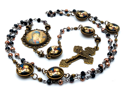 Our Lady of Perpetual Help unique rosary beads with vintage style glass beads, Our Lady of Divine Providence linking medals and brass pardon crucifix.