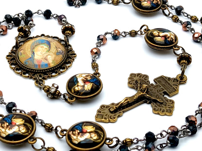 Our Lady of Perpetual Help unique rosary beads with vintage style glass beads, Our Lady of Divine Providence linking medals and brass pardon crucifix.