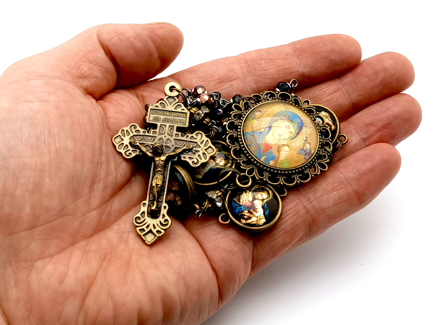 Our Lady of Perpetual Help unique rosary beads with vintage style glass beads, Our Lady of Divine Providence linking medals and brass pardon crucifix.