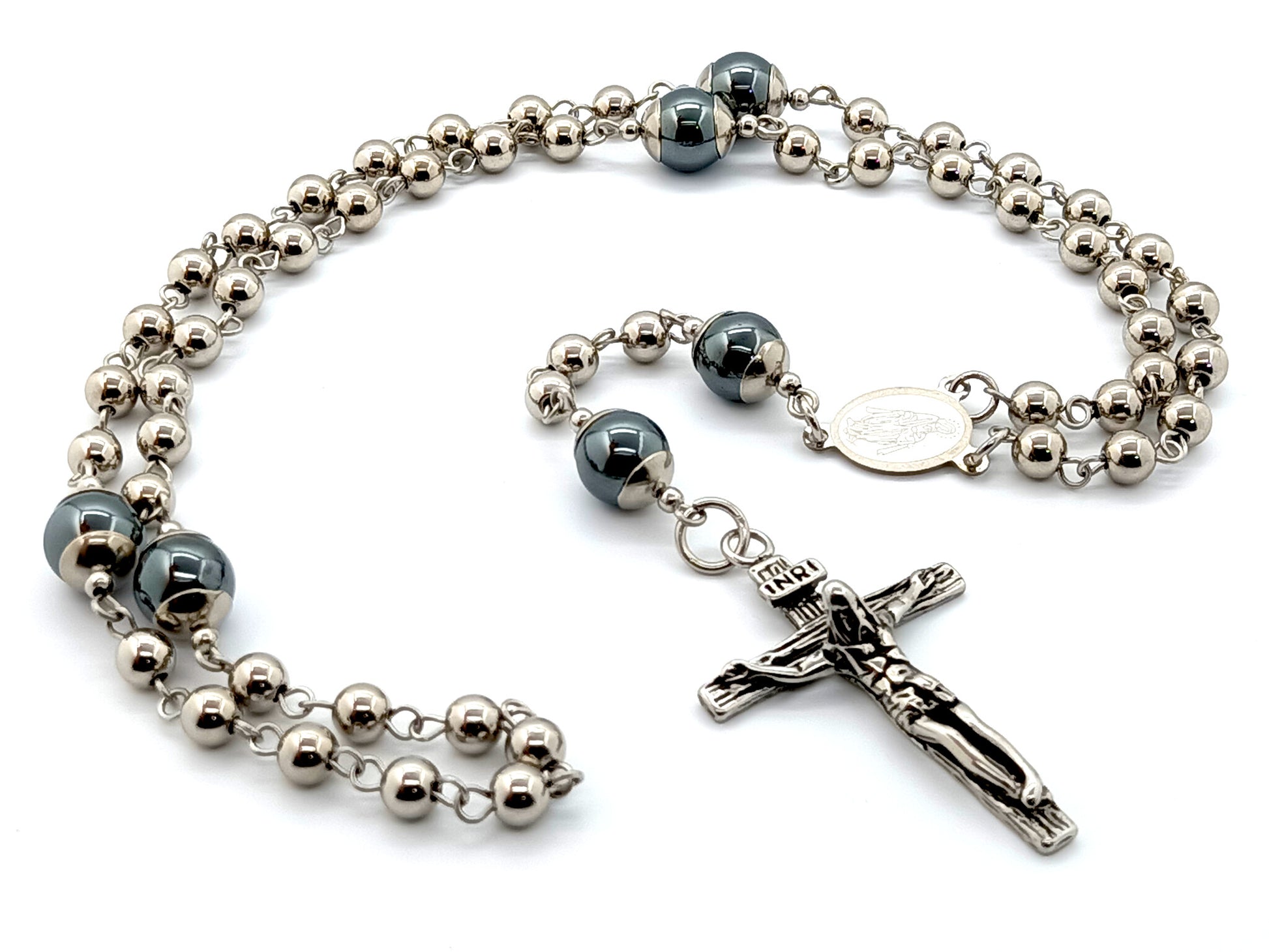 Miraculous medal unique rosary beads with hematite gemstone and stainless steel beads and stainless steel crucifix and medal.
