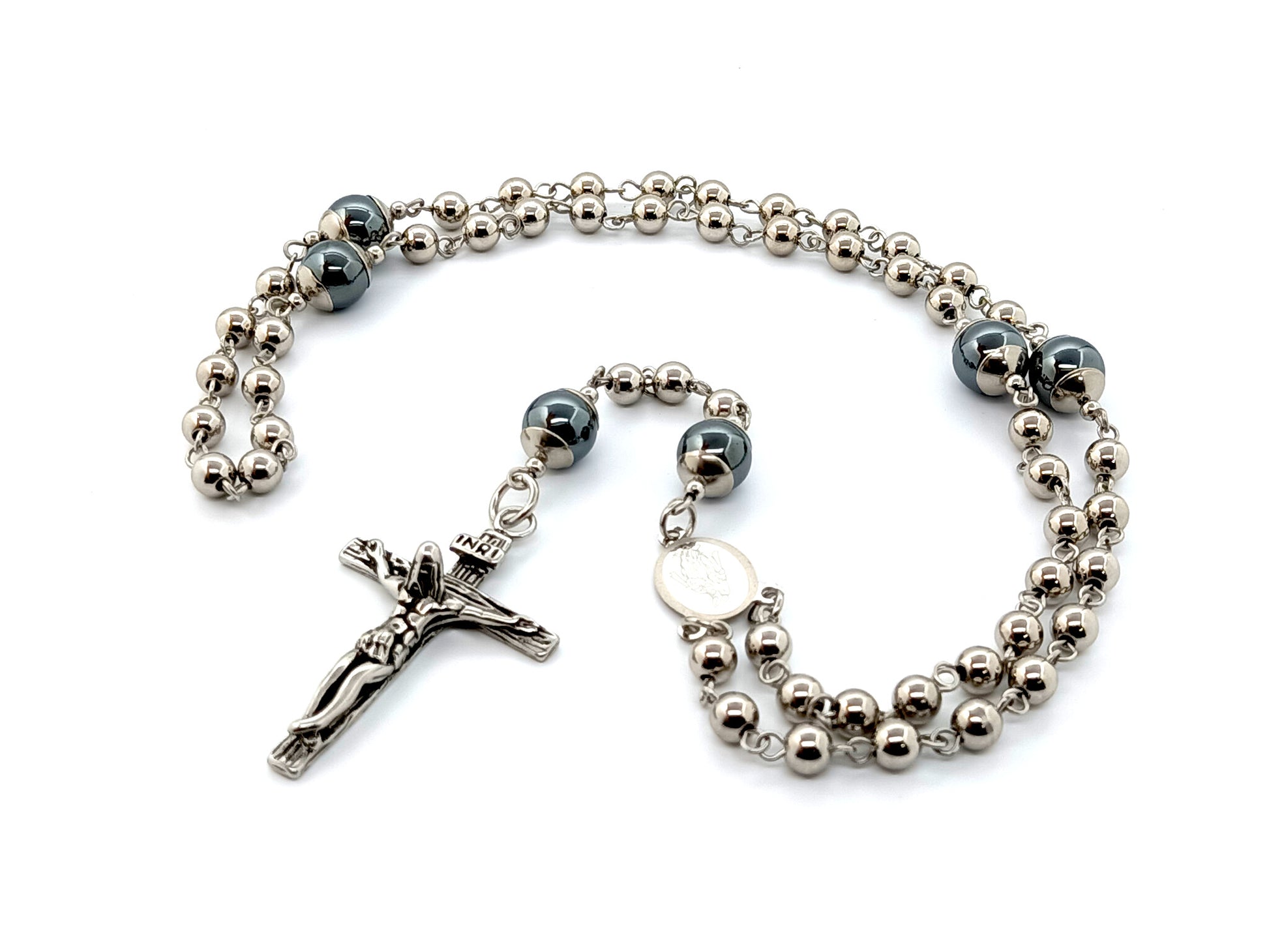 Miraculous medal unique rosary beads with hematite gemstone and stainless steel beads and stainless steel crucifix and medal.