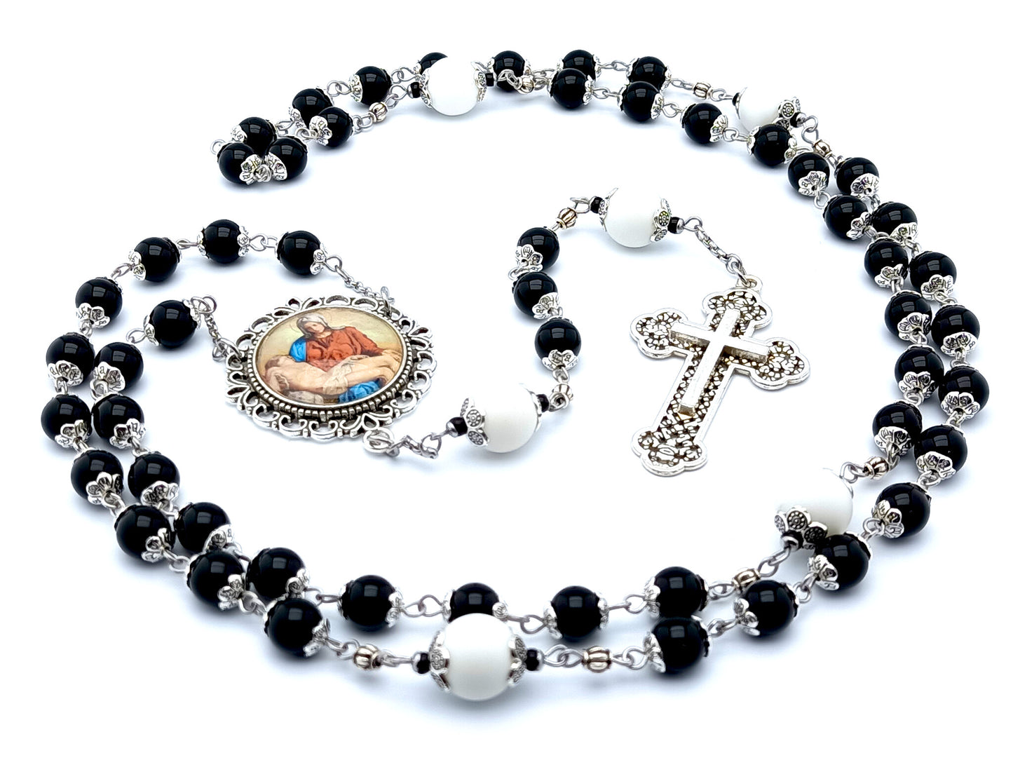 La Pieta unique rosary beads with onyx and alabaster beads, filigree cross and picture medal.