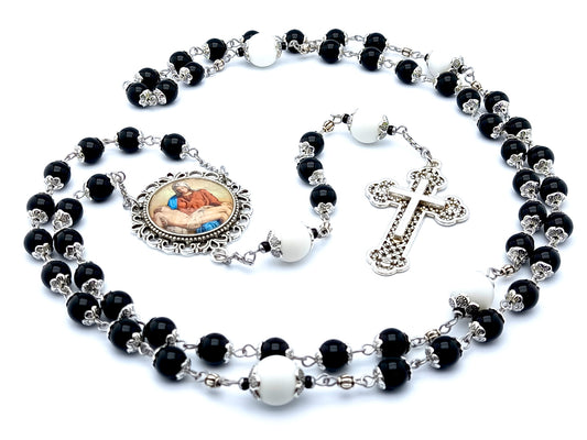 La Pieta unique rosary beads with onyx and alabaster beads, filigree cross and picture medal.