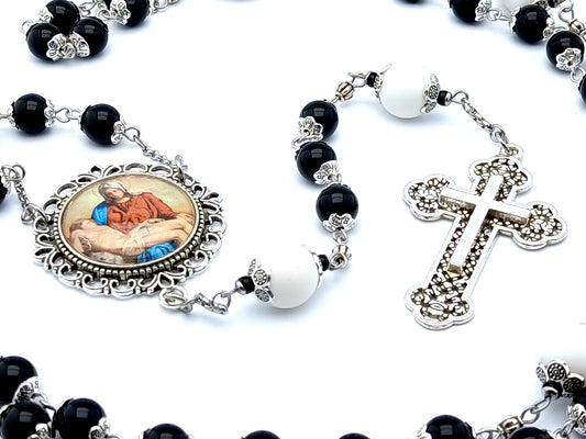 La Pieta unique rosary beads with onyx and alabaster beads, filigree cross and picture medal.