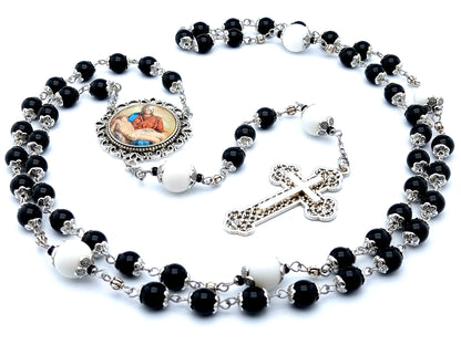 La Pieta unique rosary beads with onyx and alabaster beads, filigree cross and picture medal.