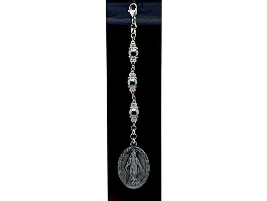 Three Hail Mary unique rosary beads prayer chaplet with pewter Miraculous medal and hematite gemstone bead on lobster purse clip.