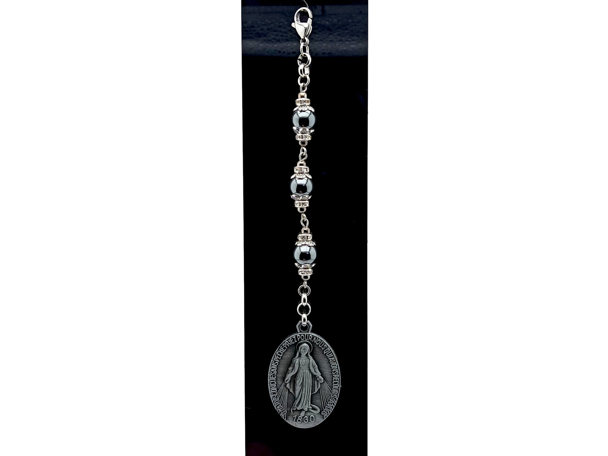 Three Hail Mary unique rosary beads prayer chaplet with pewter Miraculous medal and hematite gemstone bead on lobster purse clip.