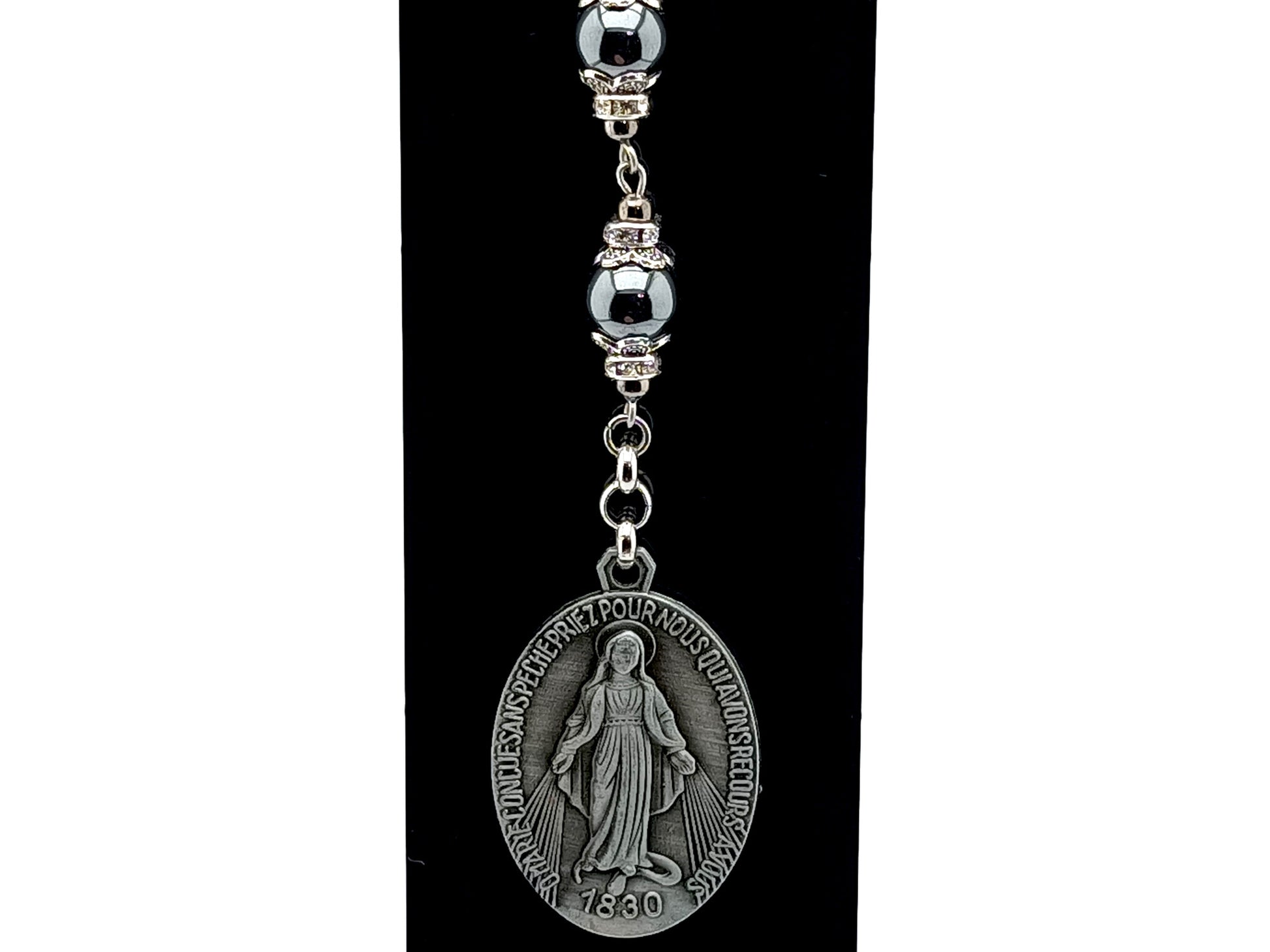 Three Hail Mary unique rosary beads prayer chaplet with pewter Miraculous medal and hematite gemstone bead on lobster purse clip.