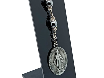 Three Hail Mary unique rosary beads prayer chaplet with pewter Miraculous medal and hematite gemstone bead on lobster purse clip.