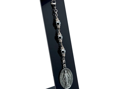 Three Hail Mary unique rosary beads prayer chaplet with pewter Miraculous medal and hematite gemstone bead on lobster purse clip.