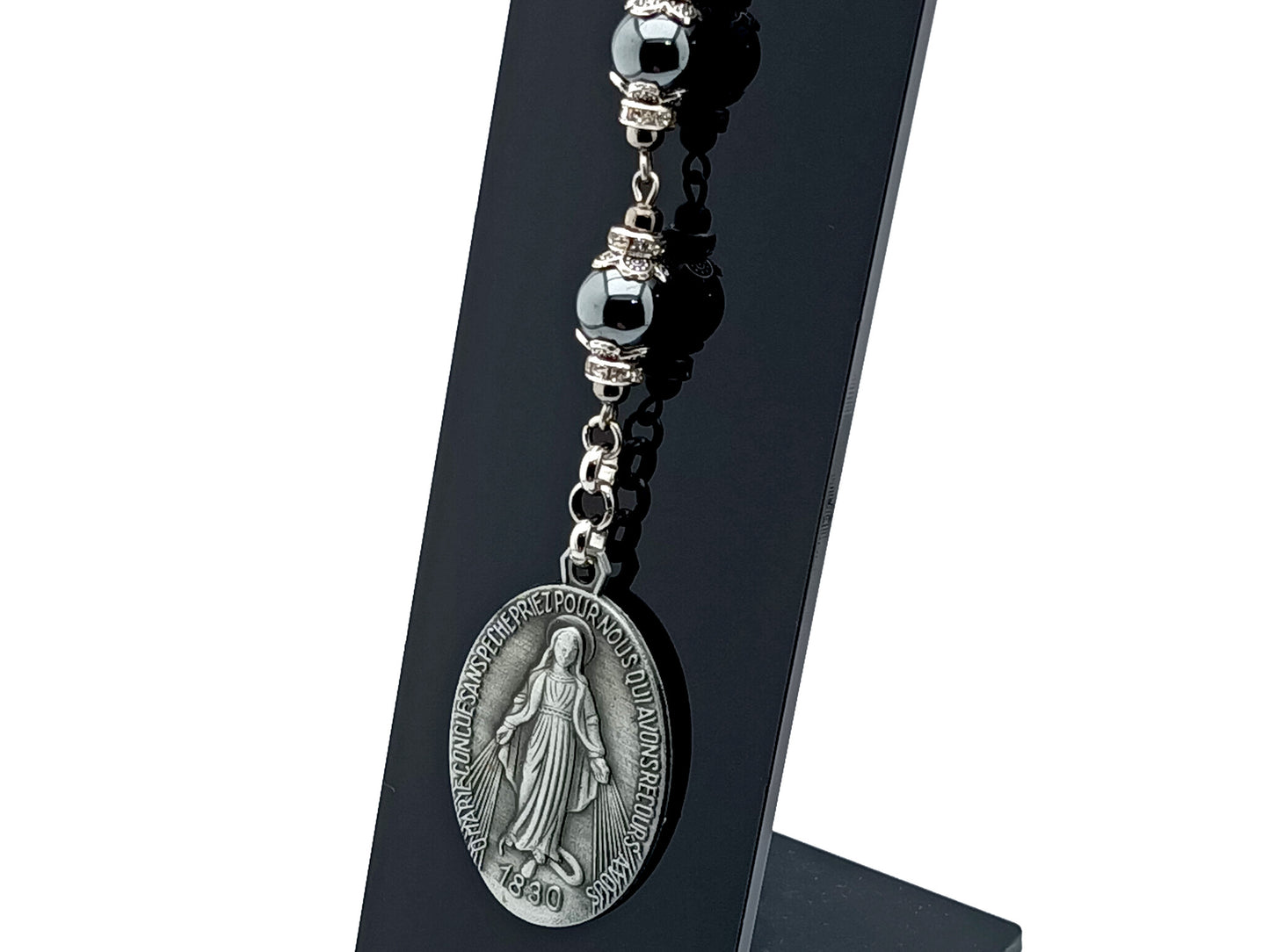 Three Hail Mary unique rosary beads prayer chaplet with pewter Miraculous medal and hematite gemstone bead on lobster purse clip.