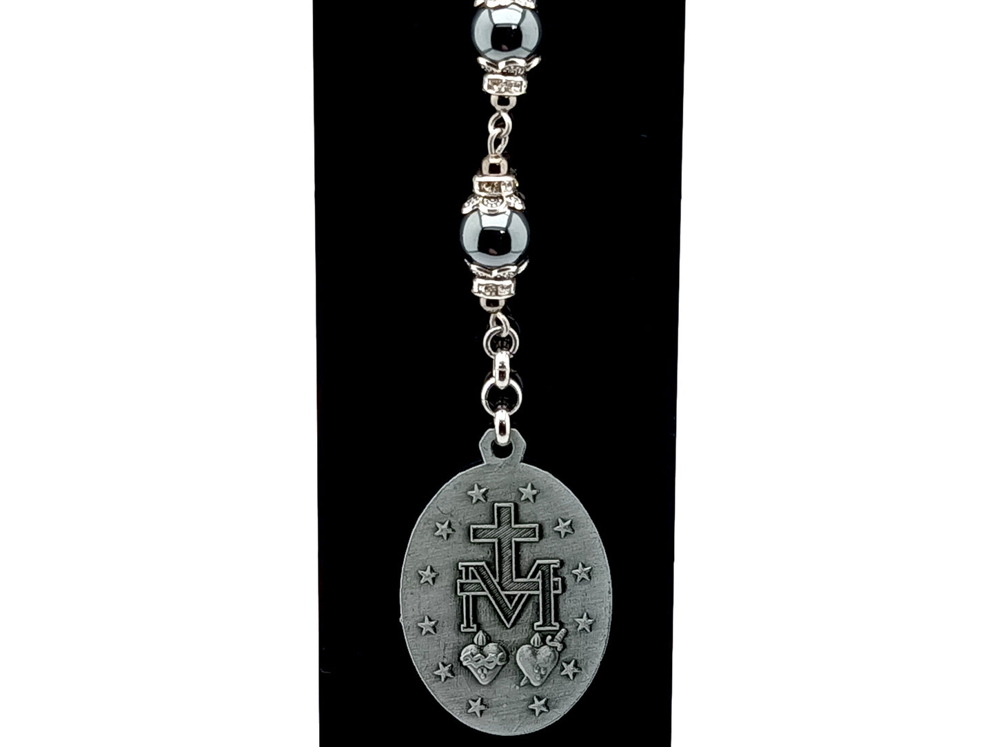 Three Hail Mary unique rosary beads prayer chaplet with pewter Miraculous medal and hematite gemstone bead on lobster purse clip.