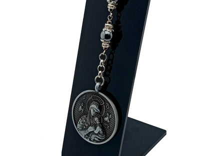 Our Lady of Perpetual Help unique rosary beads three Hail Mary hematite gemstone purse clip key chain with stainless steel lobster clip.