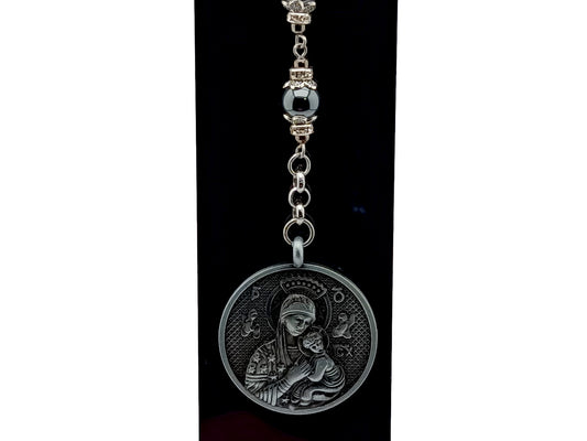 Our Lady of Perpetual Help unique rosary beads three Hail Mary hematite gemstone purse clip key chain with stainless steel lobster clip.
