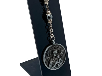 Our Lady of Perpetual Help unique rosary beads three Hail Mary hematite gemstone purse clip key chain with stainless steel lobster clip.