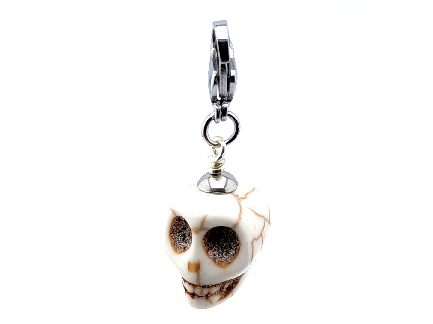 Large Memento Mori unique rosary beads howlite purse clip key fob key chain with stainless steel lobster clasp.