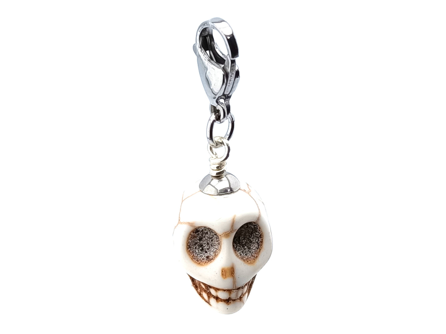 Large Memento Mori unique rosary beads howlite purse clip key fob key chain with stainless steel lobster clasp.