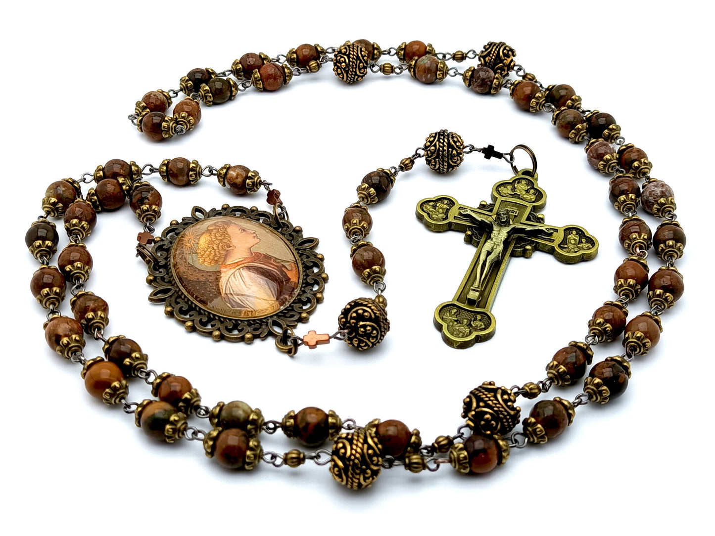 Saint Angel Gabriel unique rosary beads with jasper gemstone beads and vintage style Saint Angel Gabriel medal and twelve apostles brass crucifix.