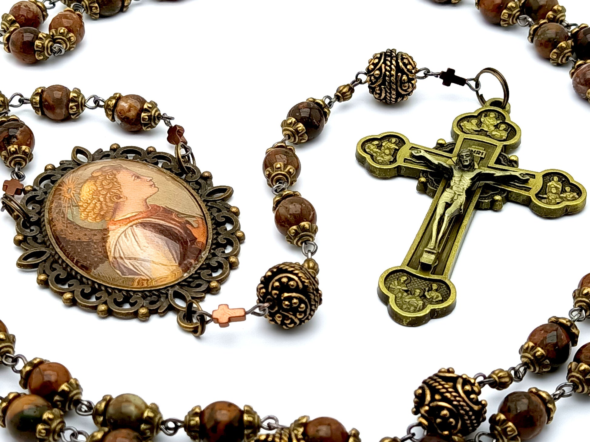 Saint Angel Gabriel unique rosary beads with jasper gemstone beads and vintage style Saint Angel Gabriel medal and twelve apostles brass crucifix.