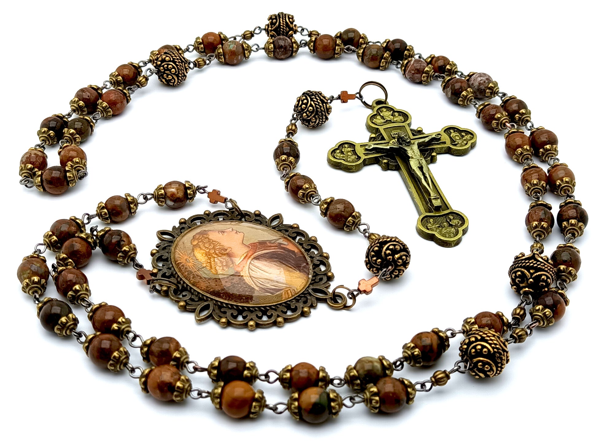 Saint Angel Gabriel unique rosary beads with jasper gemstone beads and vintage style Saint Angel Gabriel medal and twelve apostles brass crucifix.