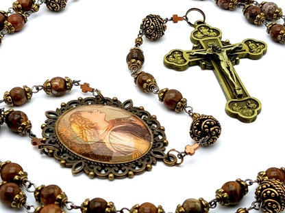 Saint Angel Gabriel unique rosary beads with jasper gemstone beads and vintage style Saint Angel Gabriel medal and twelve apostles brass crucifix.