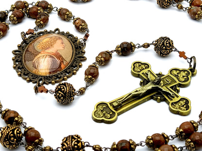 Saint Angel Gabriel unique rosary beads with jasper gemstone beads and vintage style Saint Angel Gabriel medal and twelve apostles brass crucifix.