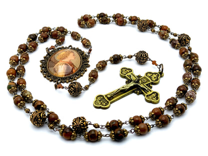 Saint Angel Gabriel unique rosary beads with jasper gemstone beads and vintage style Saint Angel Gabriel medal and twelve apostles brass crucifix.