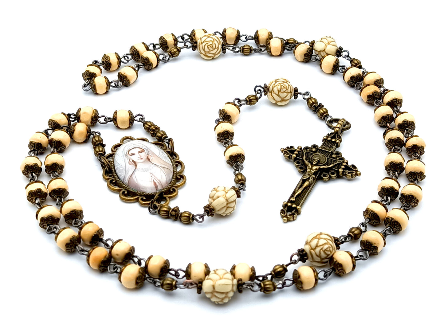 Vintage style Virgin Mary unique rosary beads with wooden and rose beads and filigree brass crucifix.