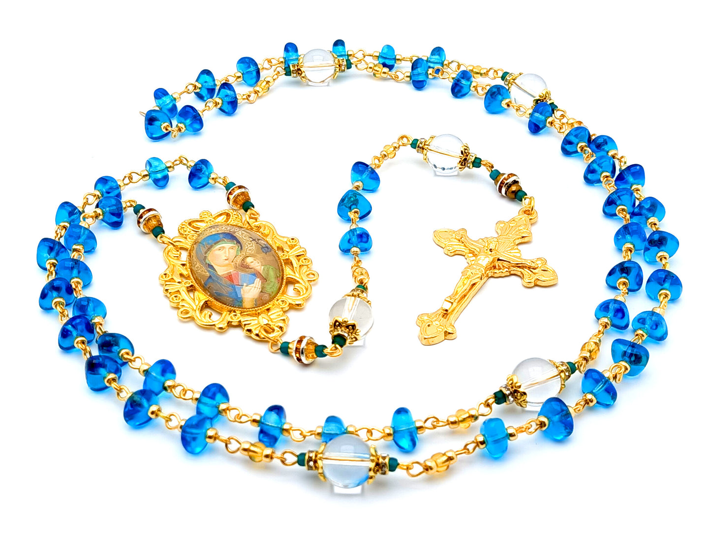 Our Lady of Perpetual Help unique rosary beads with nugget glass and crystal gemstone beads and gold plated sunburst crucifix.