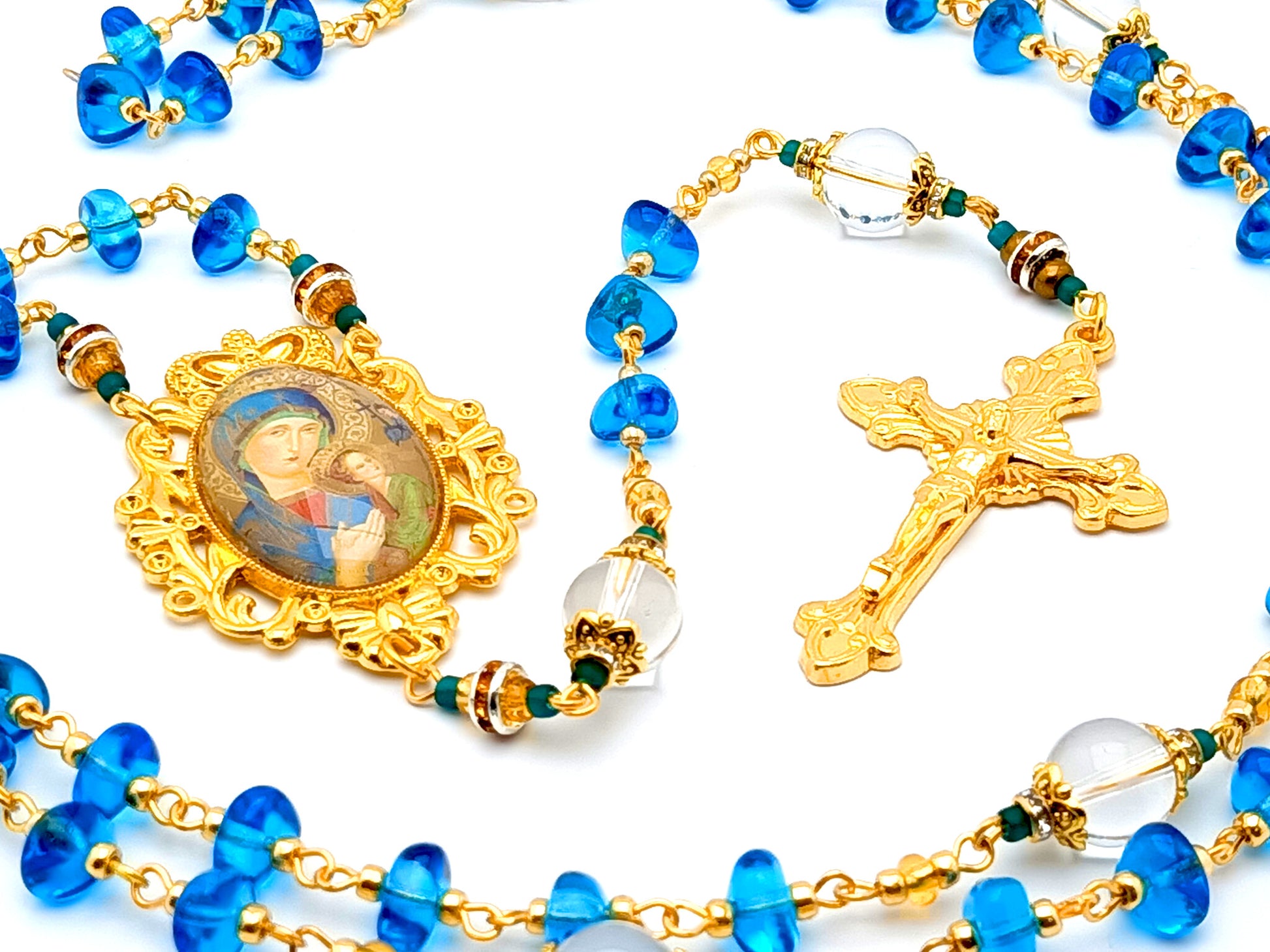 Our Lady of Perpetual Help unique rosary beads with nugget glass and crystal gemstone beads and gold plated sunburst crucifix.