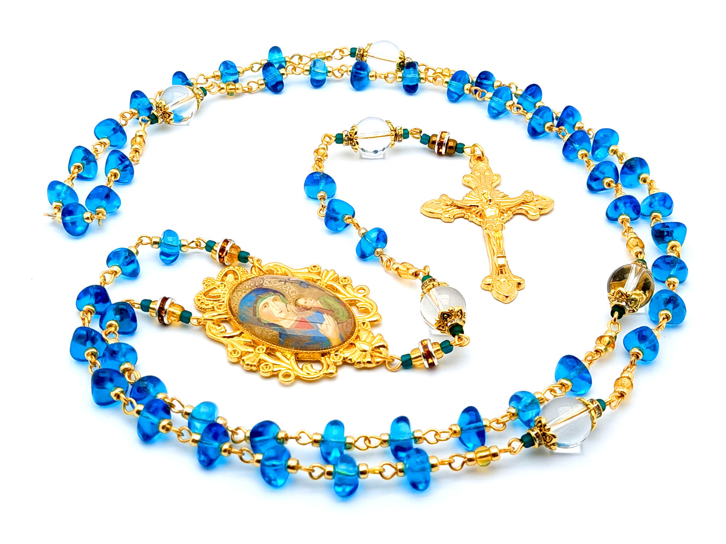 Our Lady of Perpetual Help unique rosary beads with nugget glass and crystal gemstone beads and gold plated sunburst crucifix.