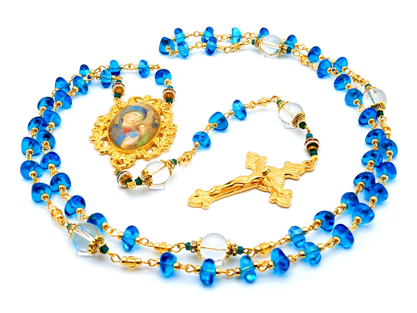 Our Lady of Perpetual Help unique rosary beads with nugget glass and crystal gemstone beads and gold plated sunburst crucifix.