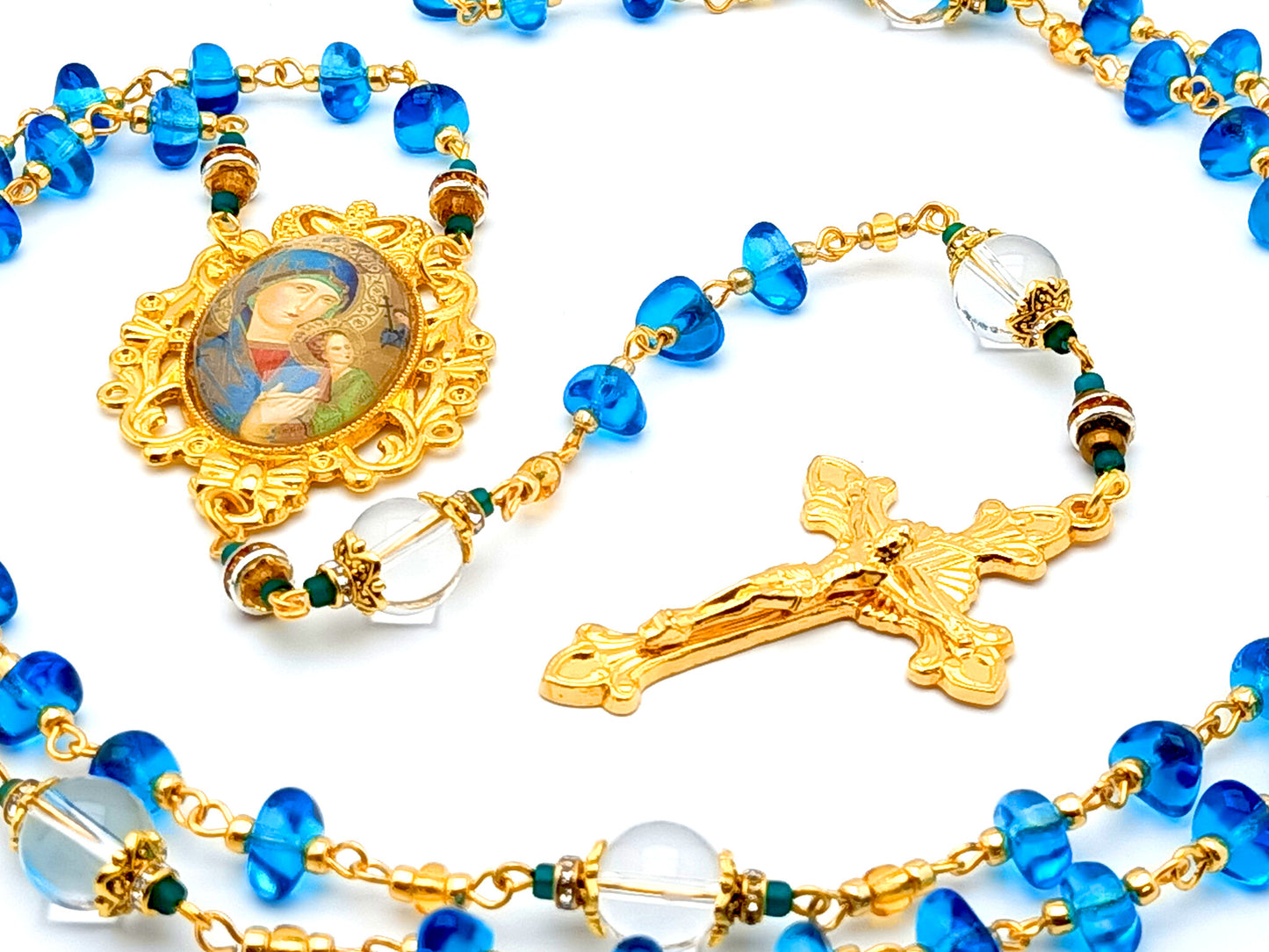 Our Lady of Perpetual Help unique rosary beads with nugget glass and crystal gemstone beads and gold plated sunburst crucifix.