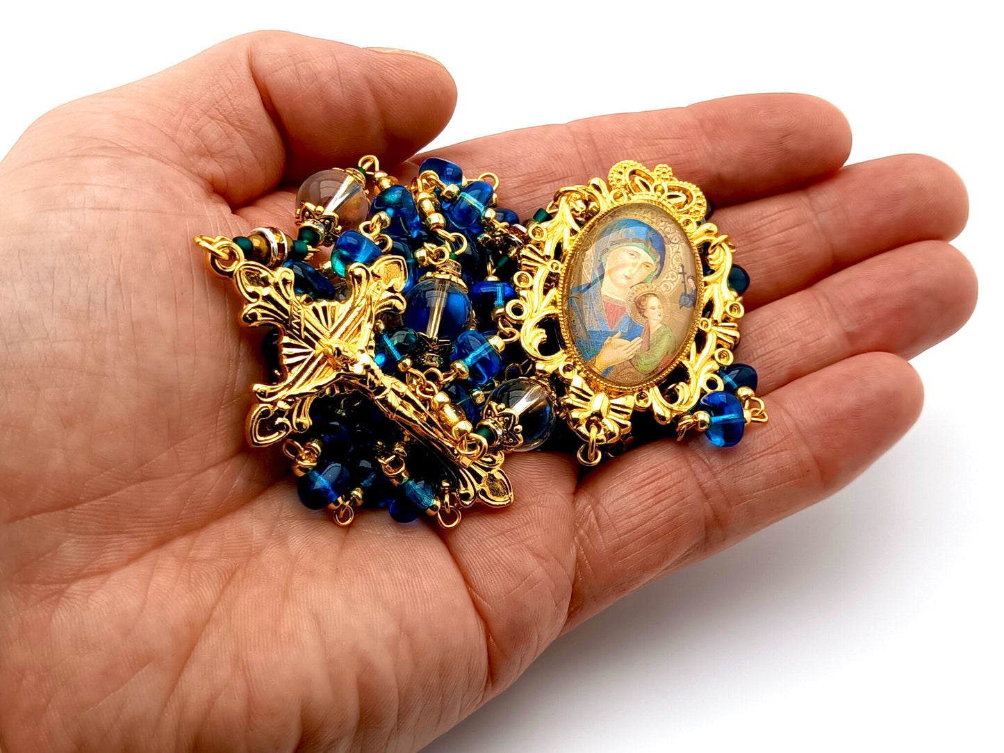 Our Lady of Perpetual Help unique rosary beads with nugget glass and crystal gemstone beads and gold plated sunburst crucifix.
