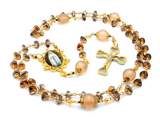Rosa Mystica unique rosary beads with amber nugget and rose gold glass beads and heart crucifix.