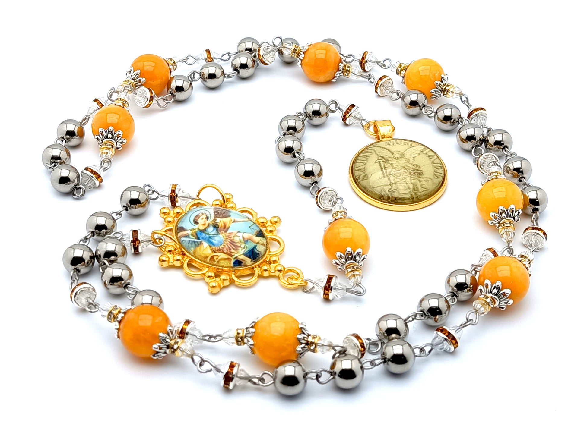 Saint Michael unique rosary beads prayer chaplet with stainless steel and yellow jade gemstone beads and domed Saint Michael picture medal.