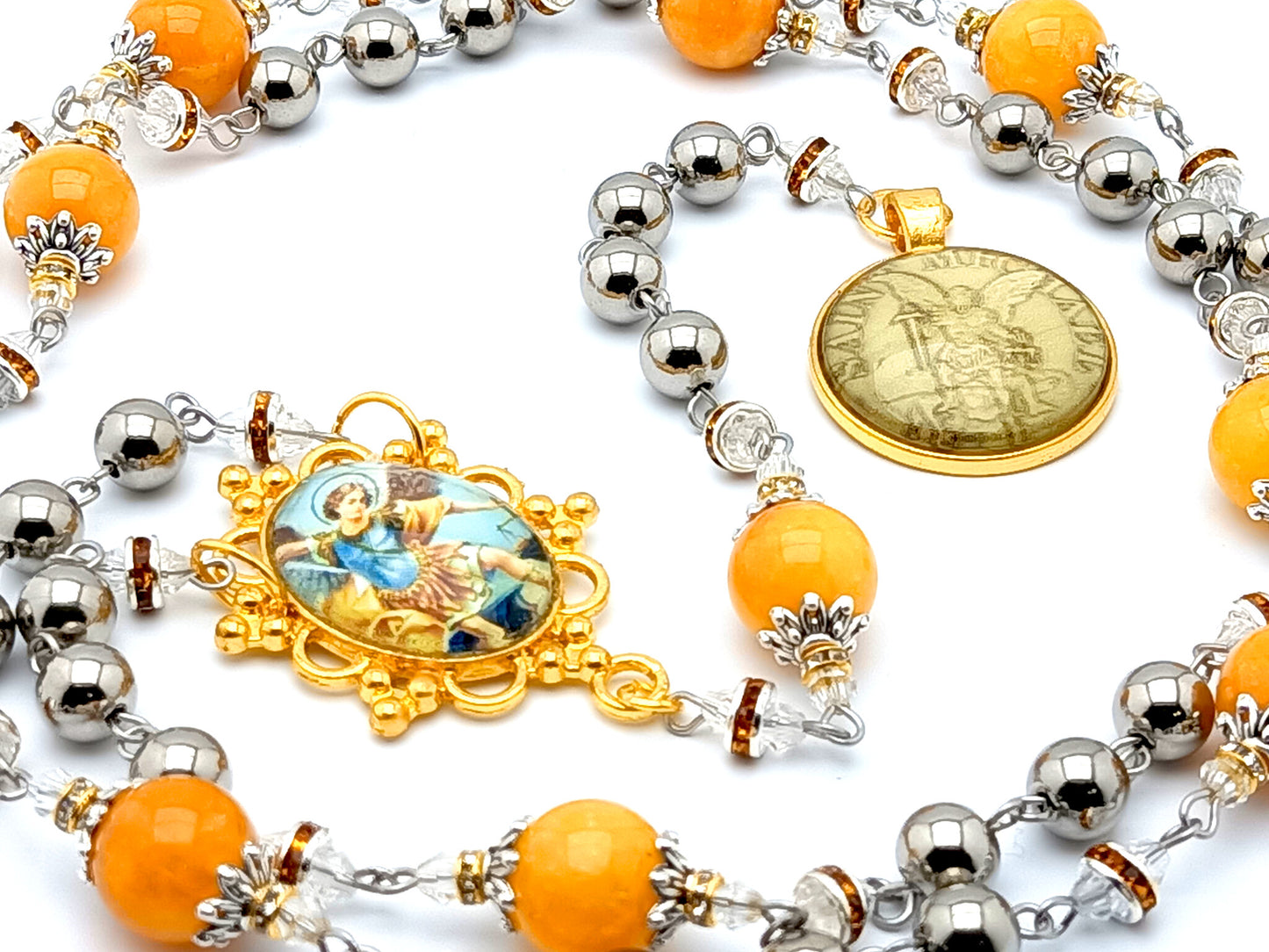 Saint Michael unique rosary beads prayer chaplet with stainless steel and yellow jade gemstone beads and domed Saint Michael picture medal.