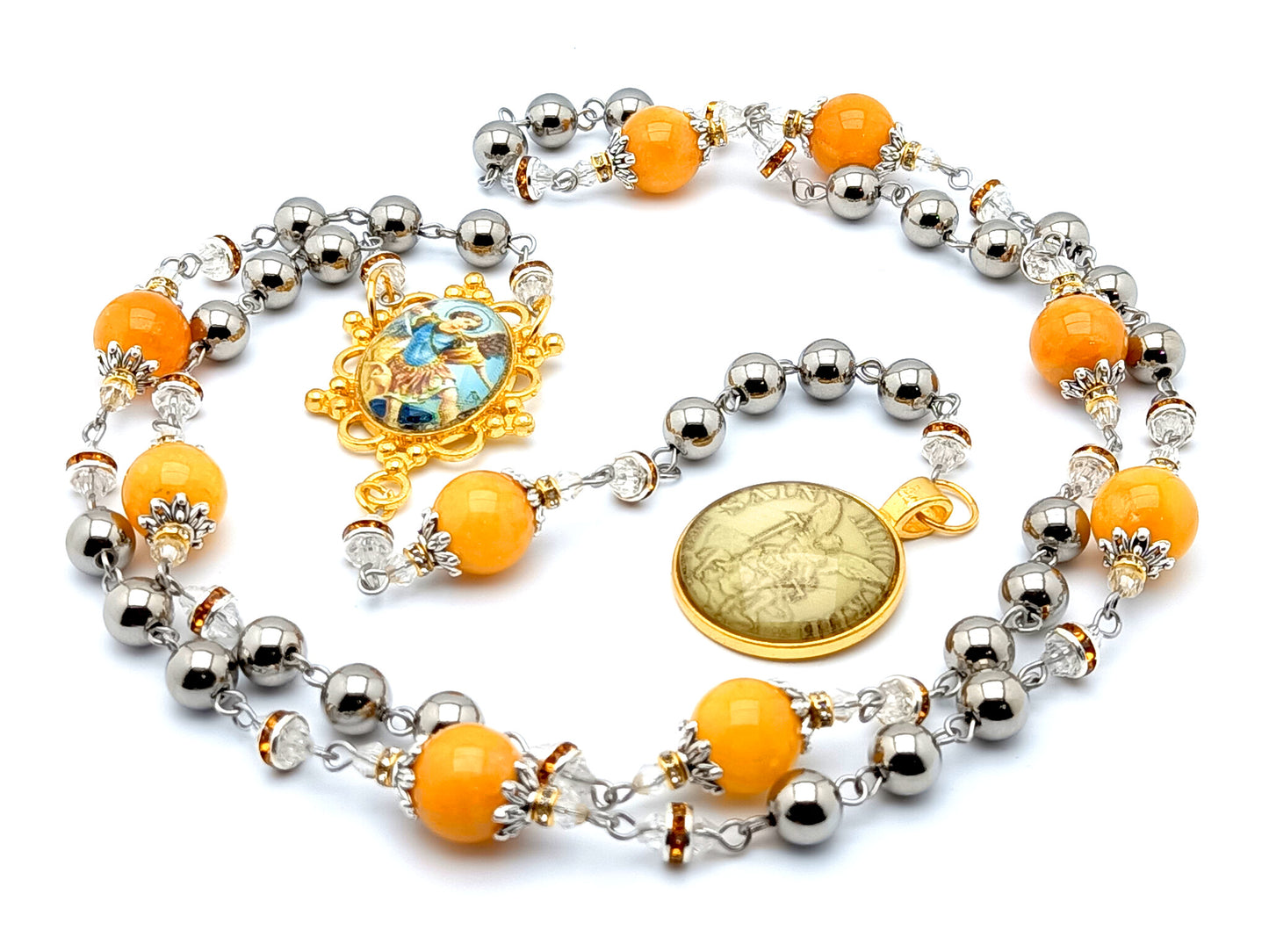 Saint Michael unique rosary beads prayer chaplet with stainless steel and yellow jade gemstone beads and domed Saint Michael picture medal.