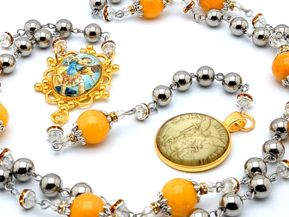 Saint Michael unique rosary beads prayer chaplet with stainless steel and yellow jade gemstone beads and domed Saint Michael picture medal.