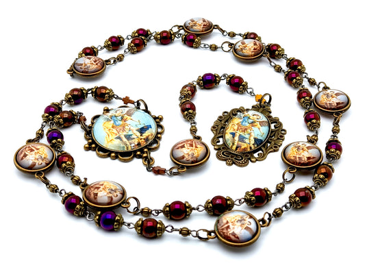 Vintage style Saint Michael unique rosary beads prayer chaplet with hematite gemstone beads and double sided domed picture medals.