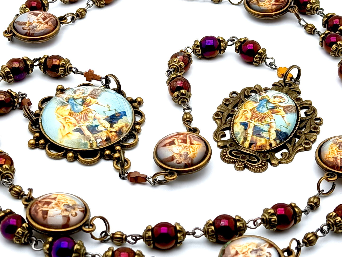 Vintage style Saint Michael unique rosary beads prayer chaplet with hematite gemstone beads and double sided domed picture medals.