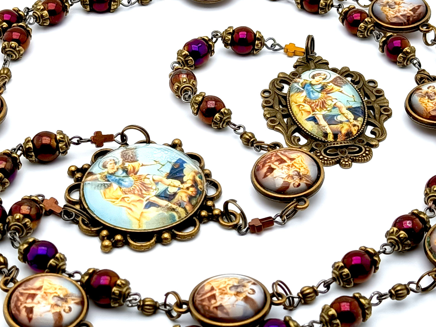 Vintage style Saint Michael unique rosary beads prayer chaplet with hematite gemstone beads and double sided domed picture medals.