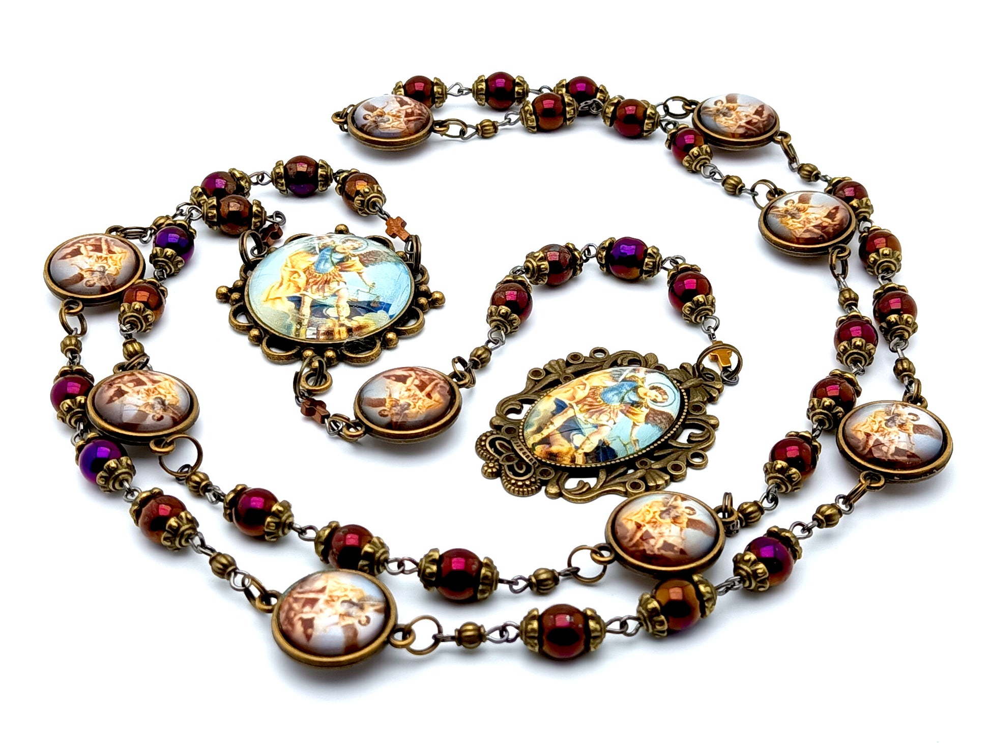 Vintage style Saint Michael unique rosary beads prayer chaplet with hematite gemstone beads and double sided domed picture medals.