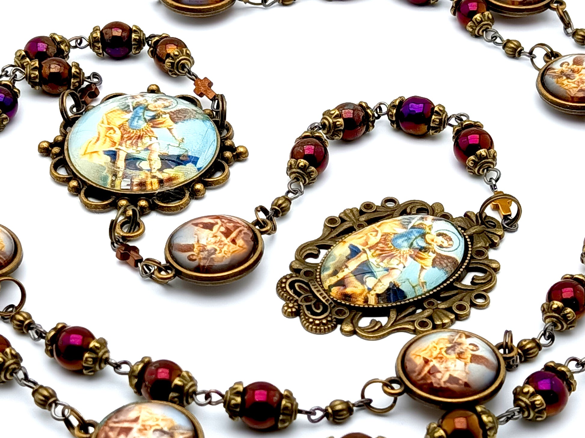 Vintage style Saint Michael unique rosary beads prayer chaplet with hematite gemstone beads and double sided domed picture medals.